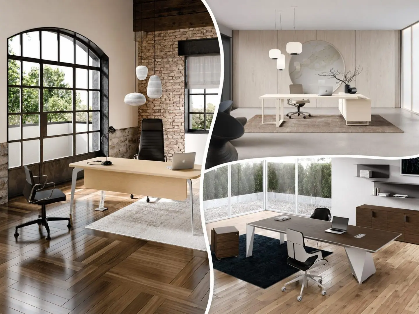 Ensemble bureau et armoires basses haut de gamme avec large plateau finition arrondie