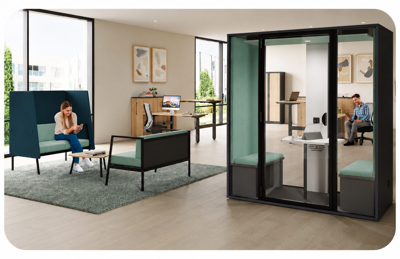 Exemple de cabine acoustique single ou plus spacieuse