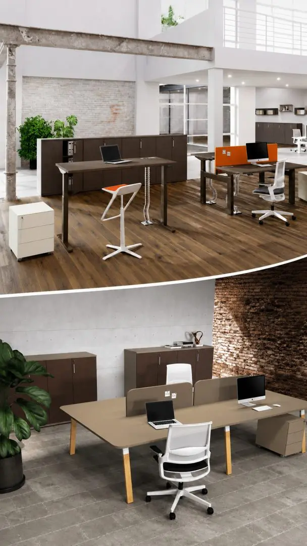 Bureau style architecte avec piétements noirs et plateau bois et bureau blanc réglable en hauteur pour travailler assis ou debout