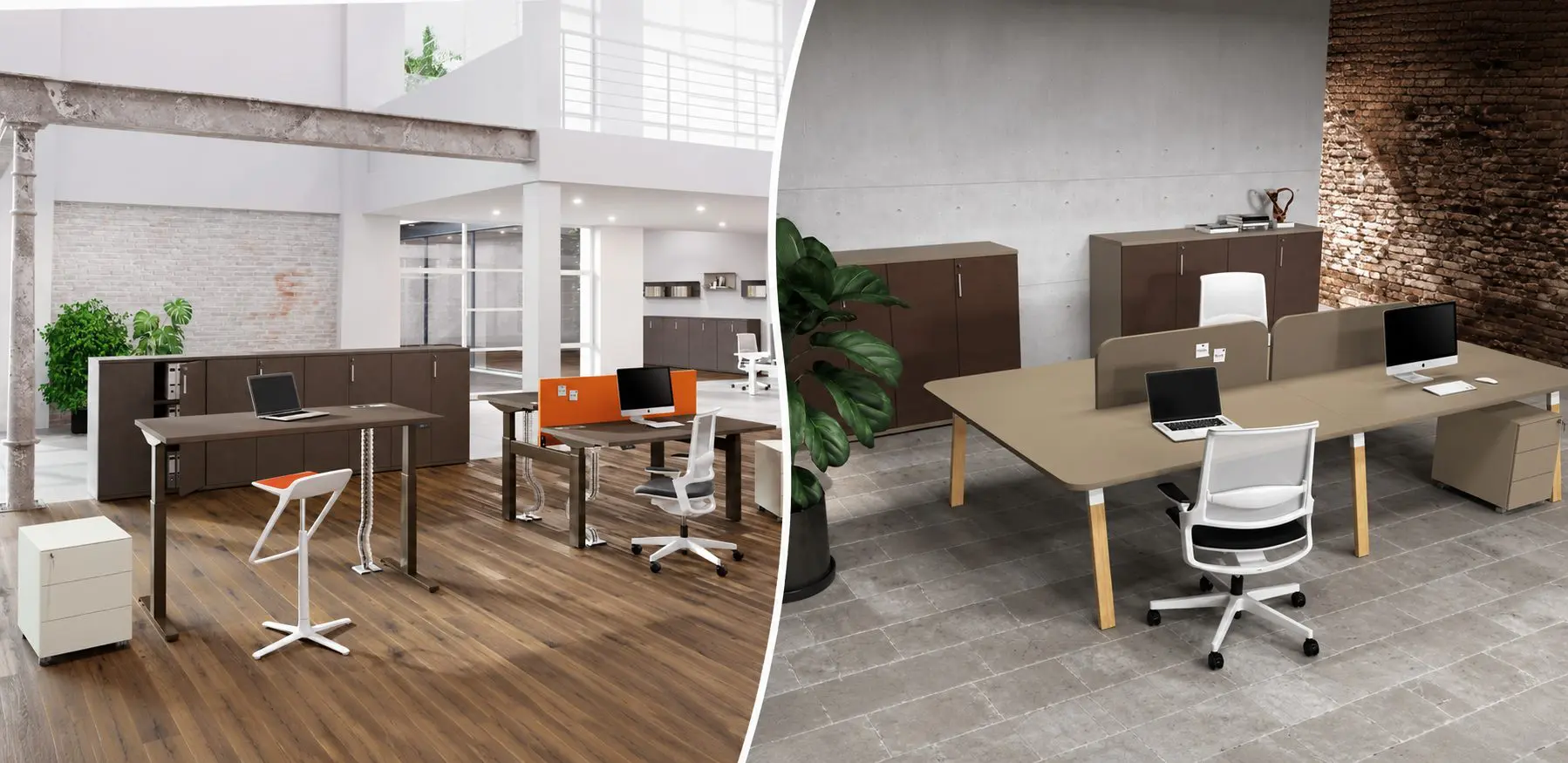 Bureau style architecte avec piétements noirs et plateau bois et bureau blanc réglable en hauteur pour travailler assis ou debout